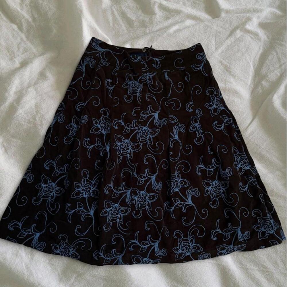 Boden Brown & Blue Embroidered Pleated Midi Skirt - Size 10